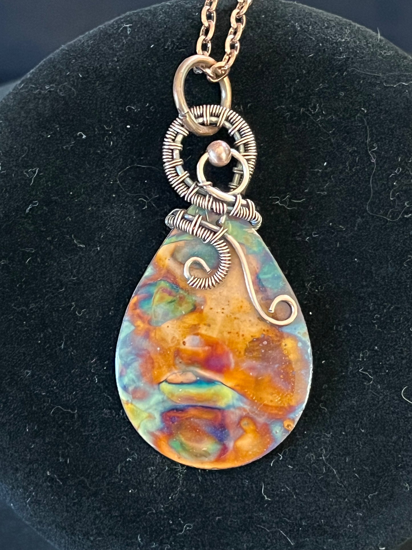 Flame Painted Copper Teardrop Pendant