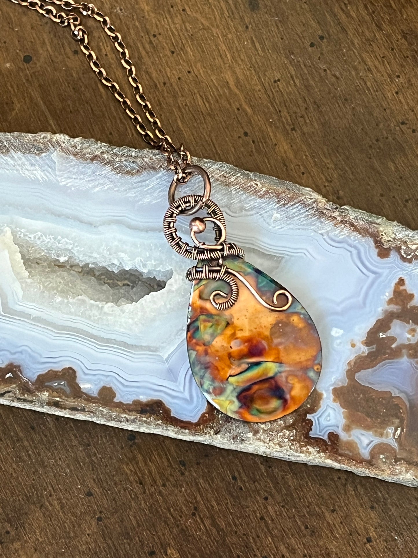 Flame Painted Copper Teardrop Pendant