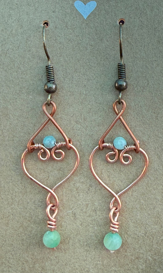Jade and copper heart earrings