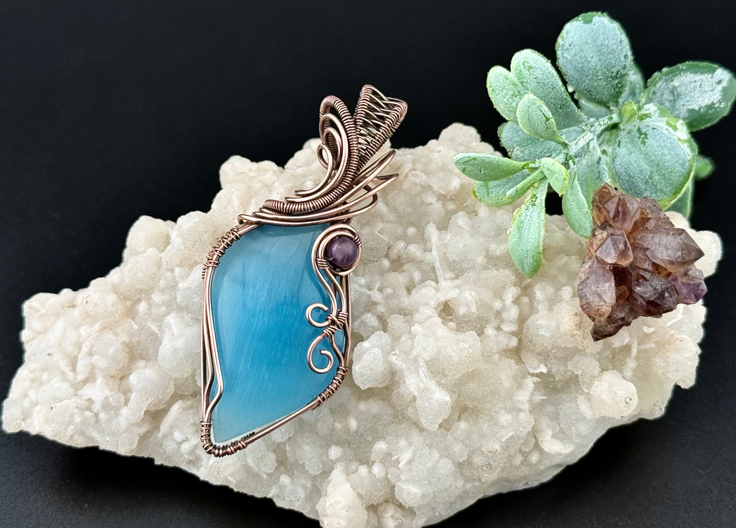 Blue fiber optic glass pendant