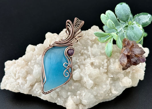 Blue fiber optic glass pendant