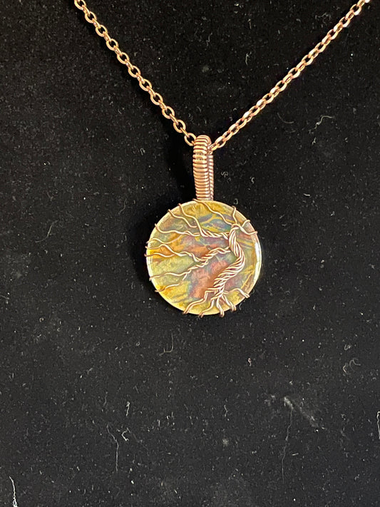 Flame painted tree of life pendant