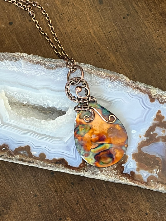 Flame Painted Copper Teardrop Pendant