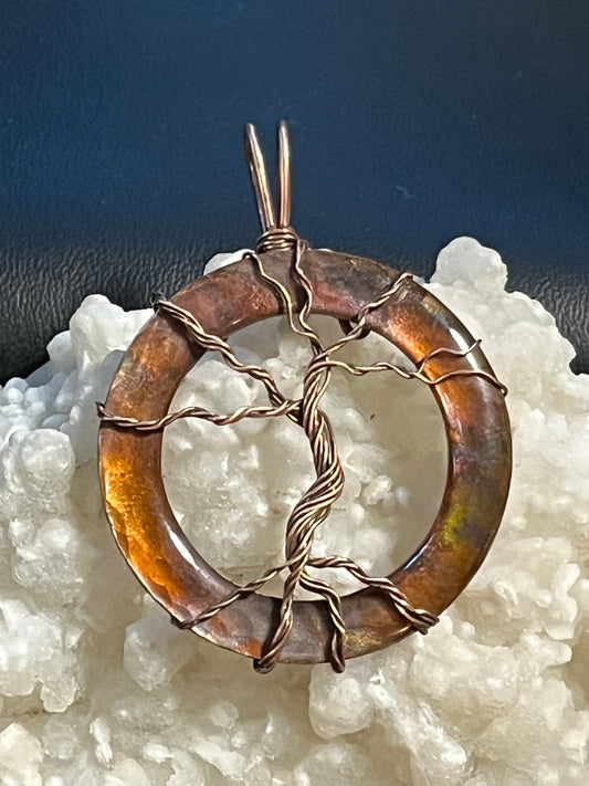 Flame painted copper ring with tree of life pendant